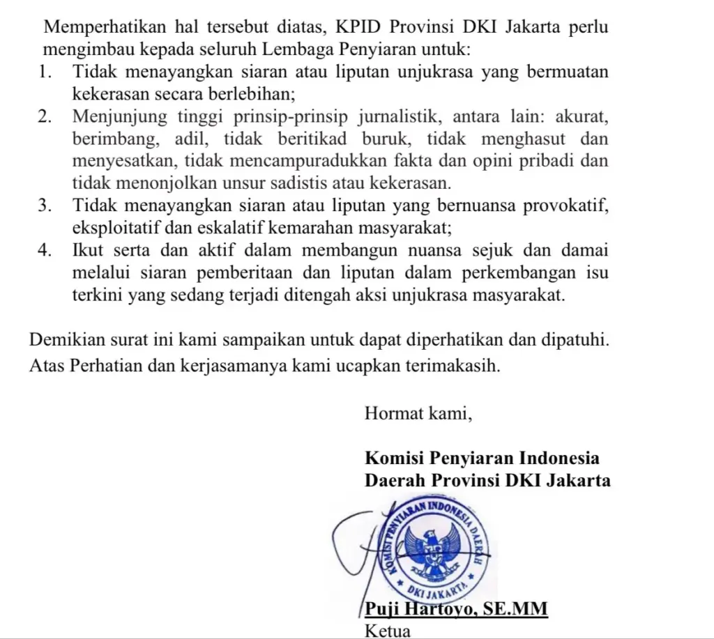 Imbauan KPID Jakarta dalam Liputan Demo