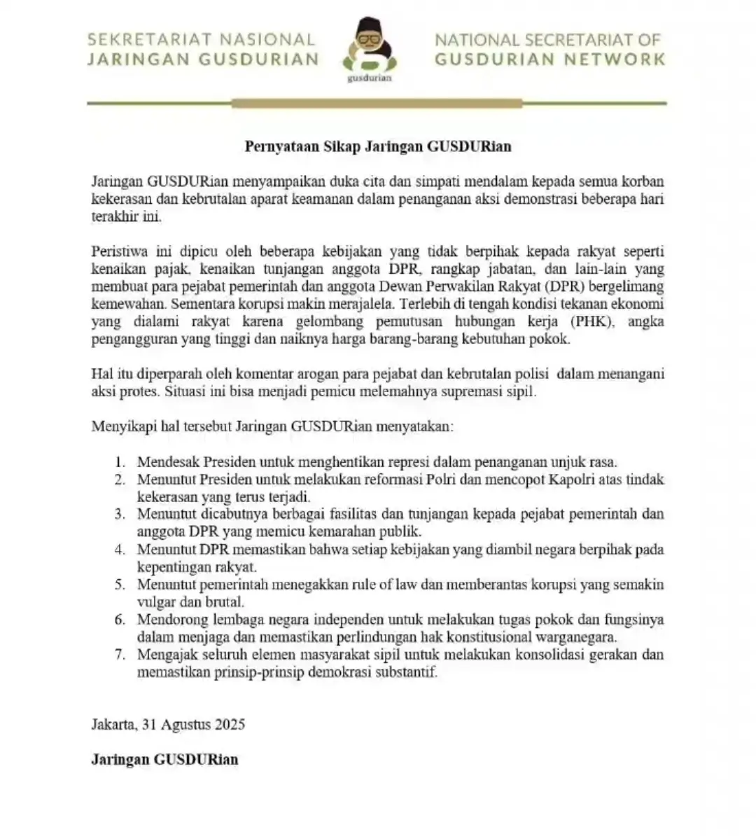 Pernyataan Sikap Jaringan Gusdurian Kondisi Terkini Kepada Presiden Prabowo