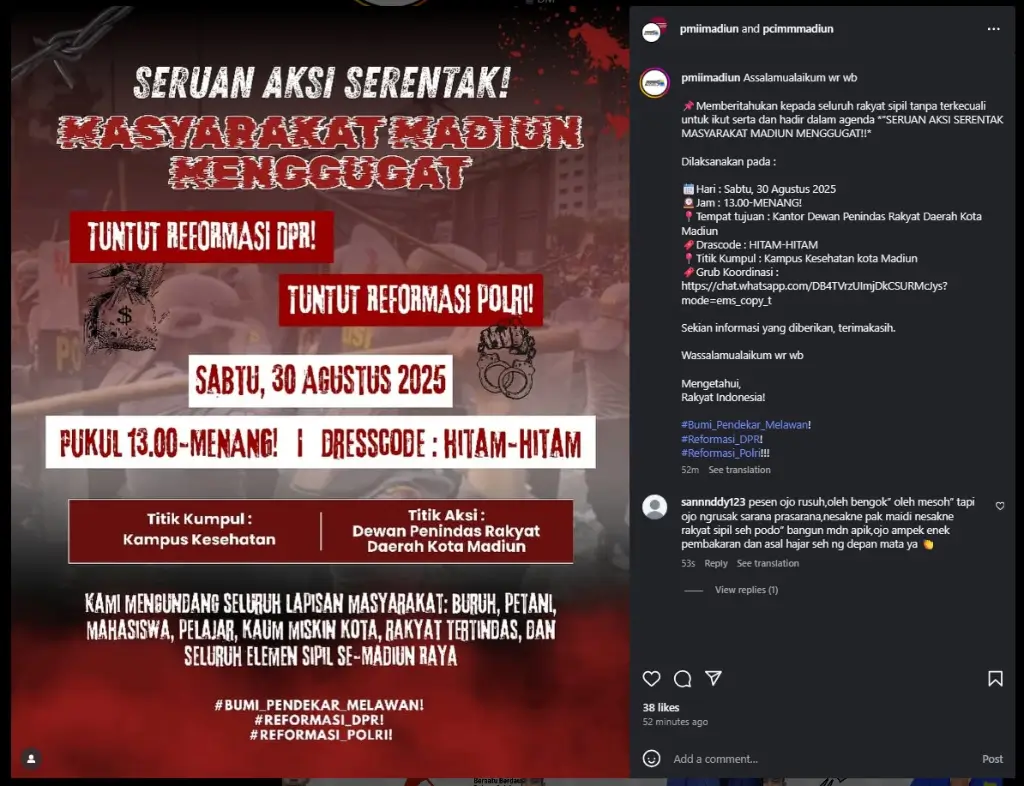 Seruan Aksi di akun Instagram @pmiimadiun