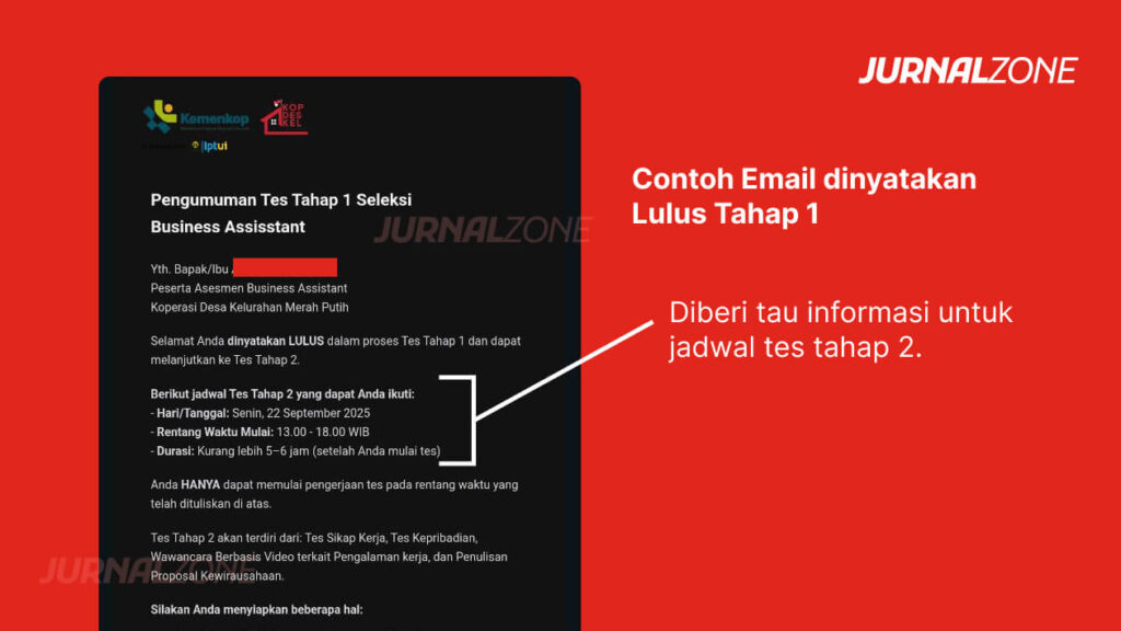 Contoh Email dinyatakan Lulus Tahap 1 kemenkop