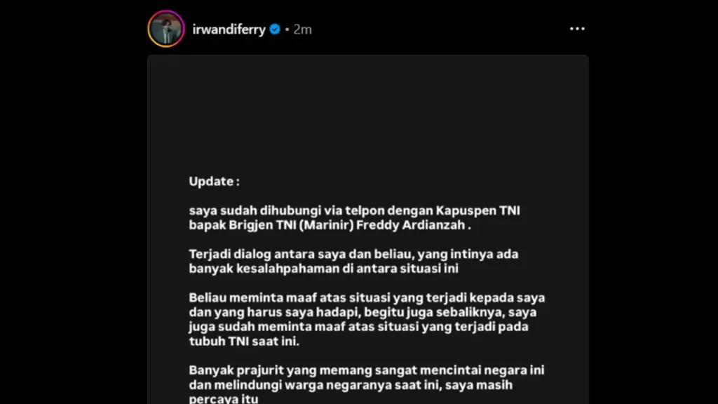 Kapuspen TNI Hubungi Irwandi Ferry