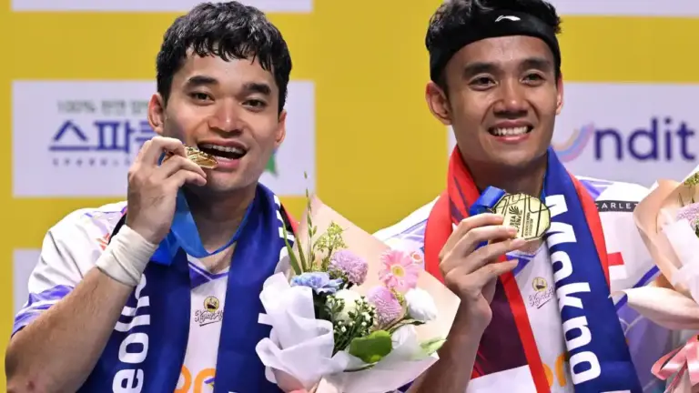 Leo Rolly Carnando dan Bagas Maulana saat juara di Korea Open 2024