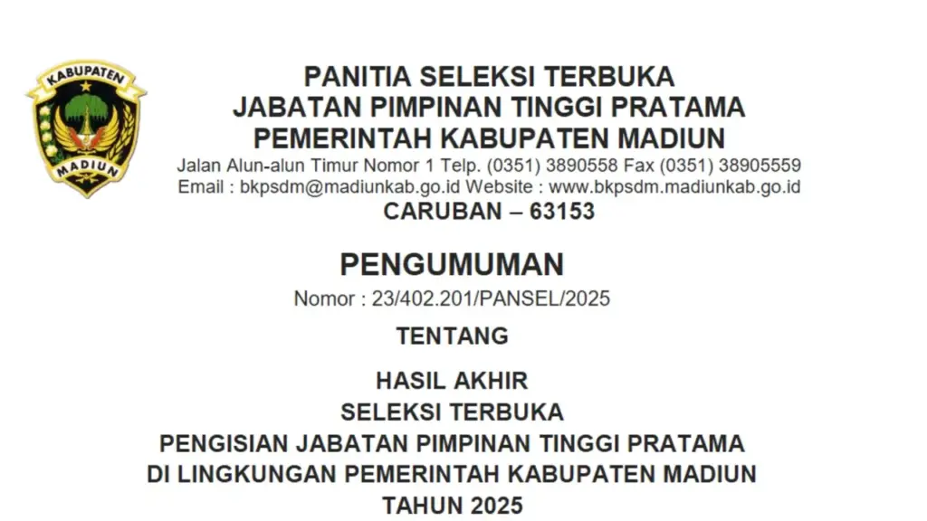 Seleksi Jabatan Pimpinan Tinggi Pratama Kab. Madiun