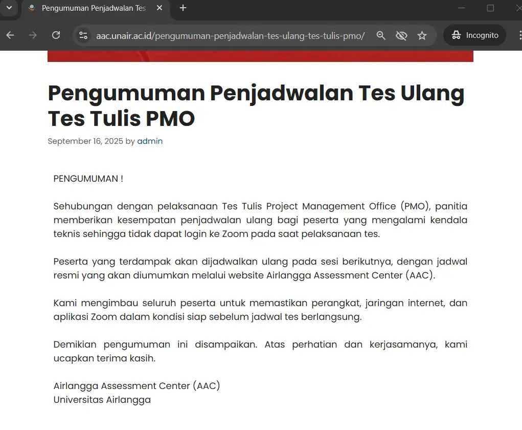 tangkapan layar dari pengumuman
