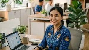 seorang ASN muda yang tampak profesional namun santai sedang bekerja di depan laptop di kantor modern yang rapi. Ekspresi wajahnya positif dan percaya diri.