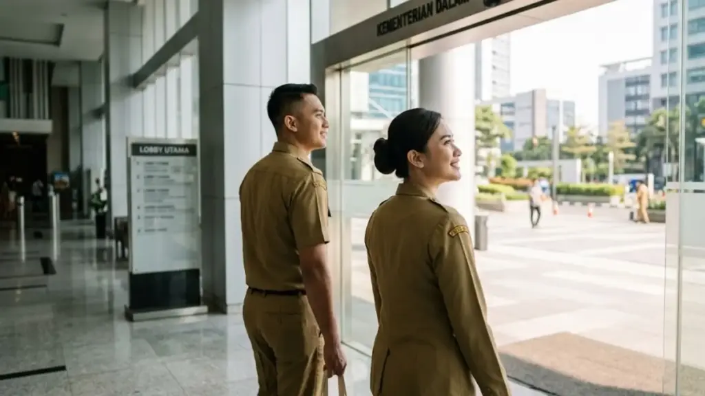 seorang pria dan wanita muda berpakaian dinas PNS (khaki) tampak dari belakang, sedang berjalan keluar dari pintu gedung kantor modern menuju area terbuka yang terang. Ekspresi wajah dari samping terlihat lega dan optimis.