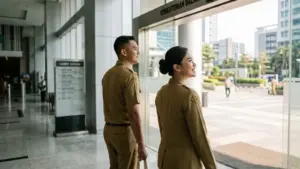seorang pria dan wanita muda berpakaian dinas PNS (khaki) tampak dari belakang, sedang berjalan keluar dari pintu gedung kantor modern menuju area terbuka yang terang. Ekspresi wajah dari samping terlihat lega dan optimis.